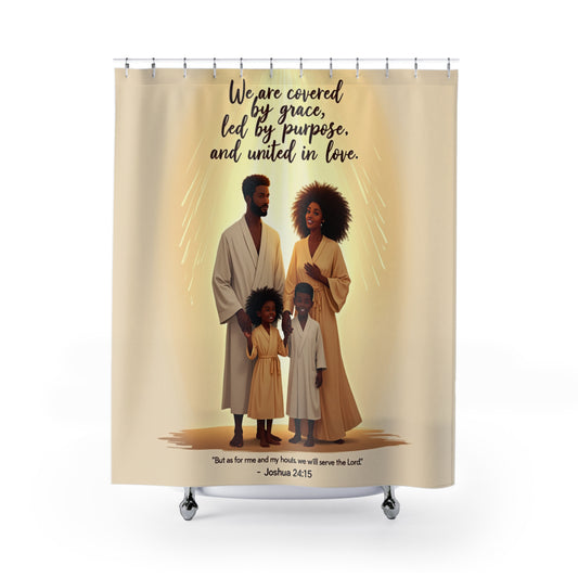 Saved by Grace” Afrocentric Family Shower Curtain – Joshua 24:15 Scripture Decor